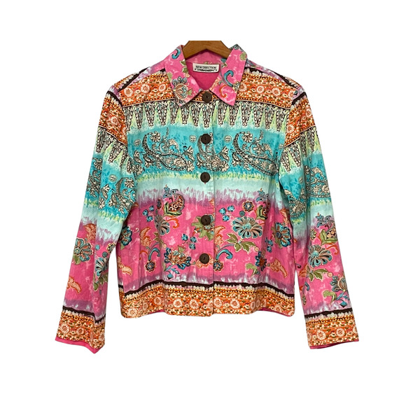 new directions Jackets & Blazers - Vtg Y2K New Direction Sz M Button Front Jacket Artsy Boho Paisley Pink Cotton